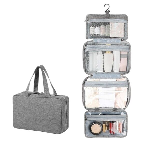 Travel Hanging Toiletry Makeup Bag NEW Gray Foldable, Separate Compartments - Picture 1 of 6